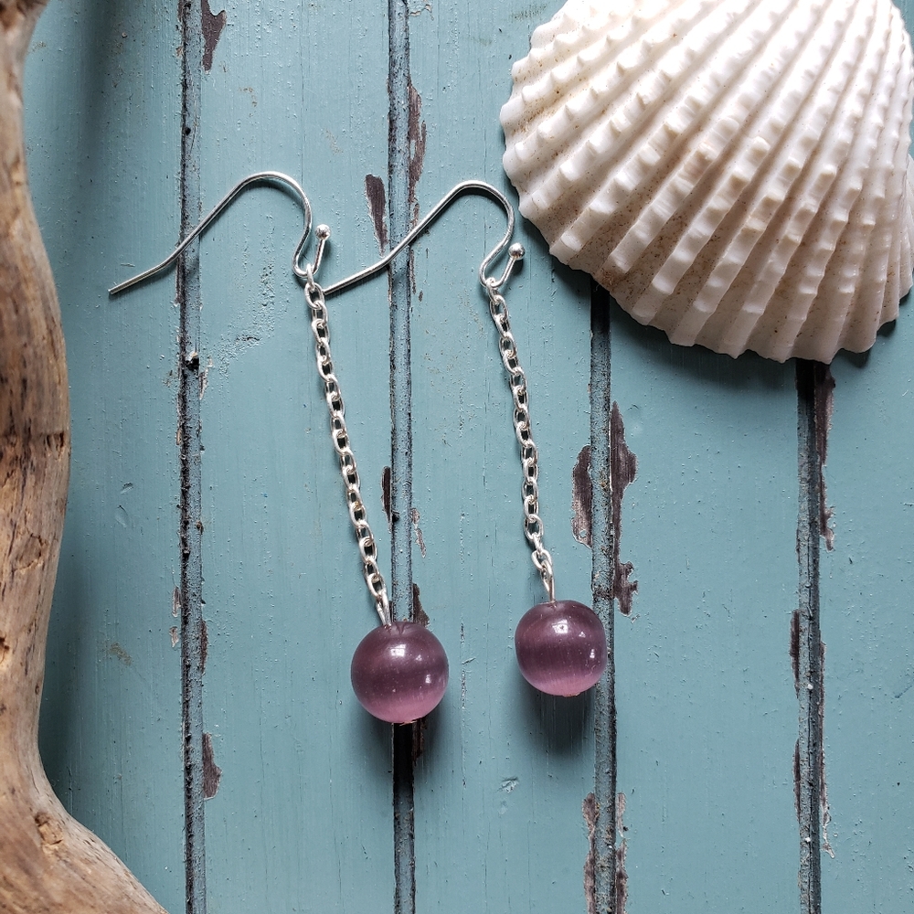 Handmade Purple Tiger Eye Dangling Chain Earrings